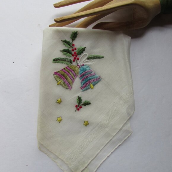 Christmas Holiday Handkerchief Embroidered Bells Made in Switzerland - Picture 1 of 6